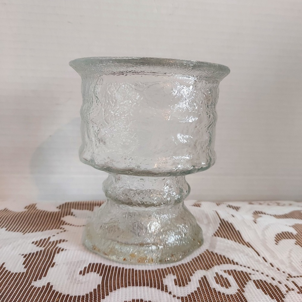 Crisa USA Vintage Textured Ice Glass Pedestal Vase Candle Holder Brutalist 5x4.5